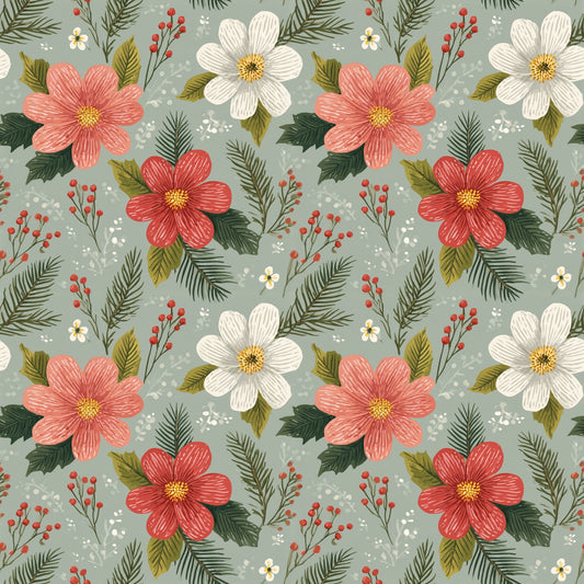 Pretty Christmas Sage Floral Digital Seamless Pattern