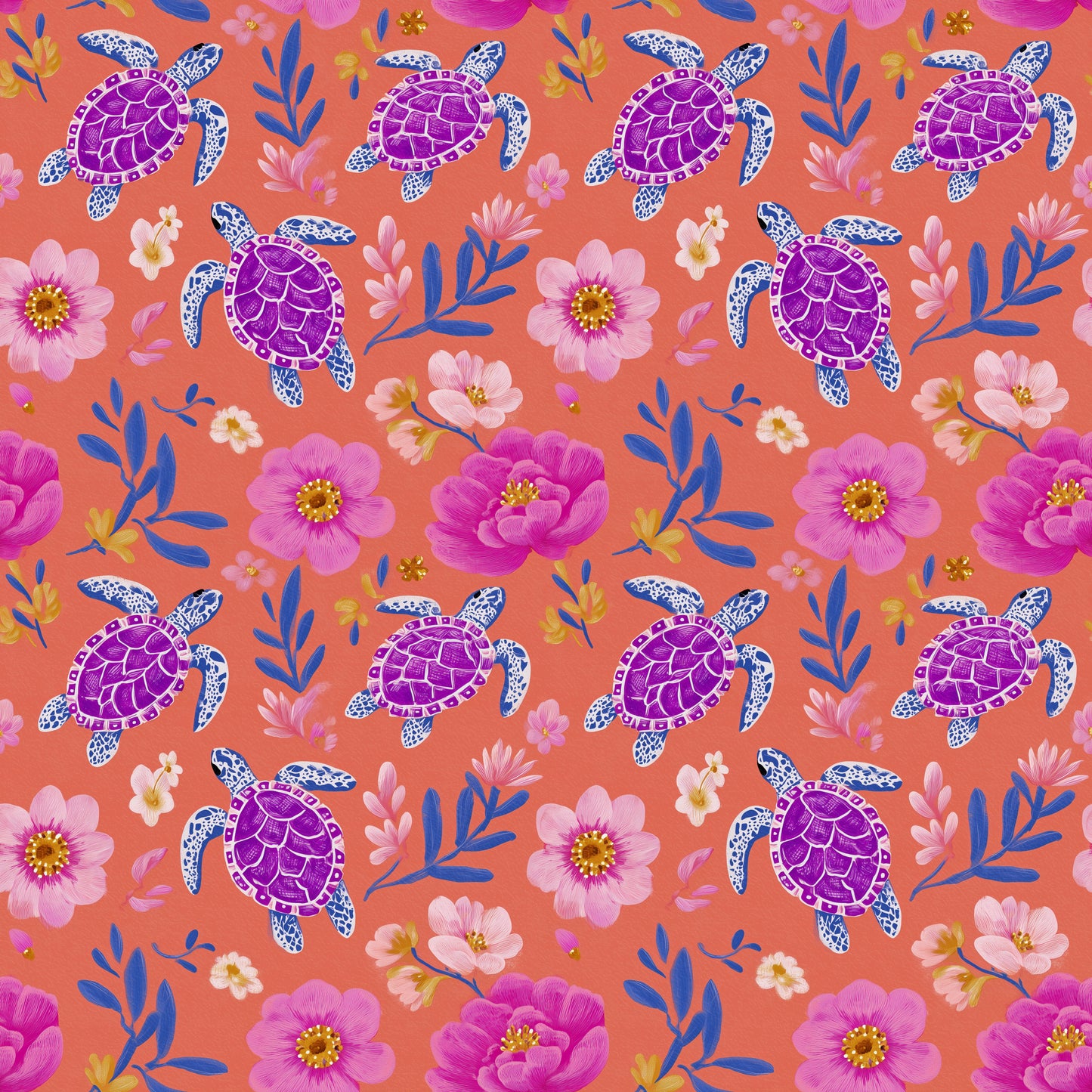 Purple Turtles on Coral Digital Seamless Pattern