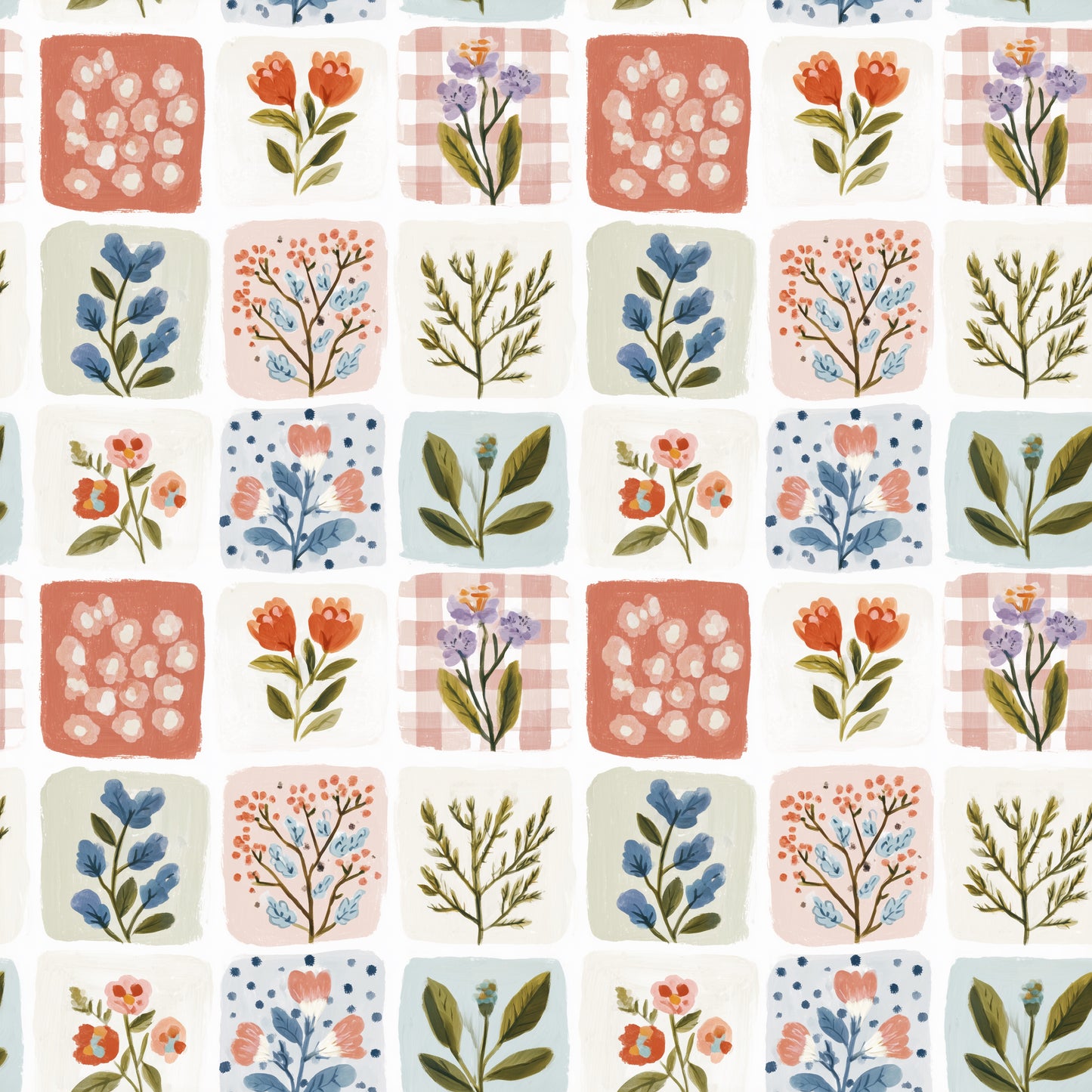 Red Patchwork Flowers Digital Seamless Pattern