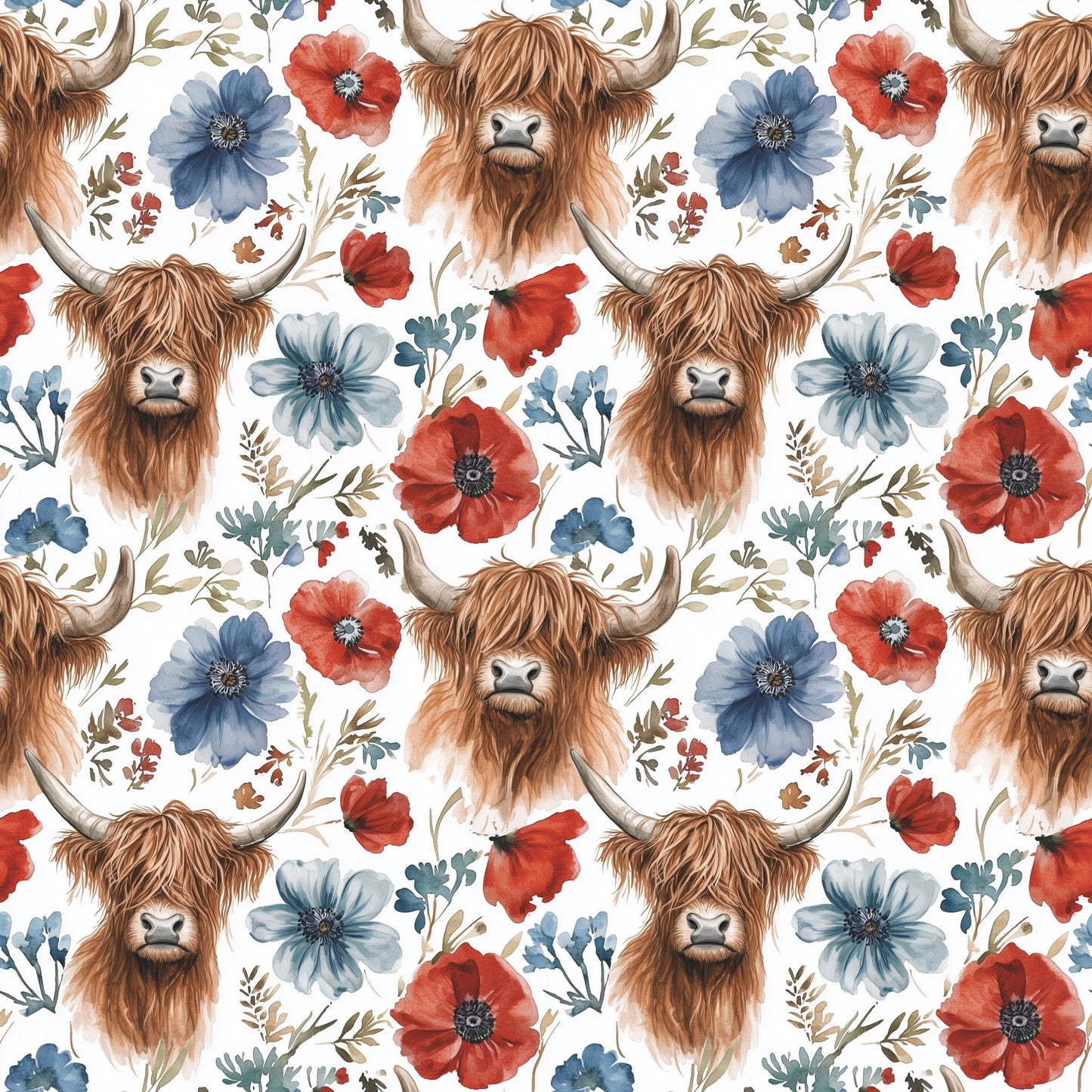 Red & Blue Highland Cows Digital Seamless Pattern