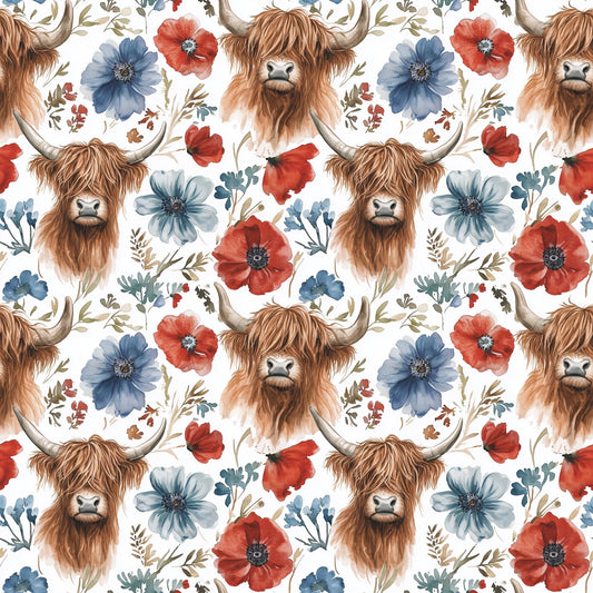 Red & Blue Highland Cows Digital Seamless Pattern