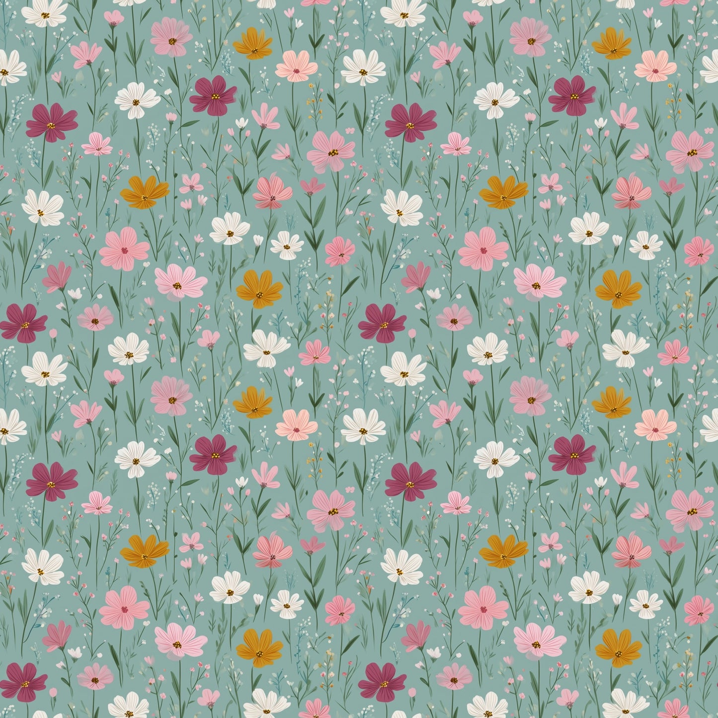 Retro Pink Green Floral Digital Seamless Pattern