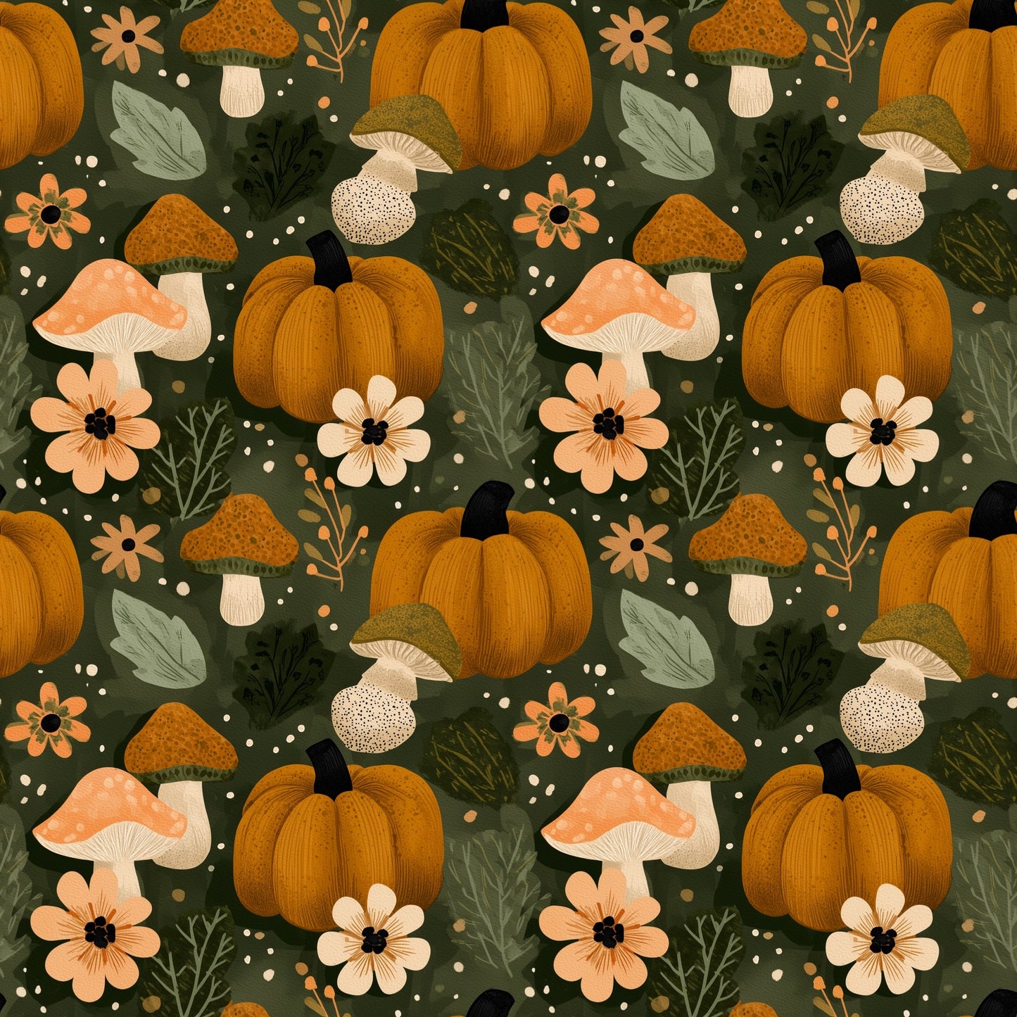 Retro Pumpkins & Toadstools Digital Seamless Pattern