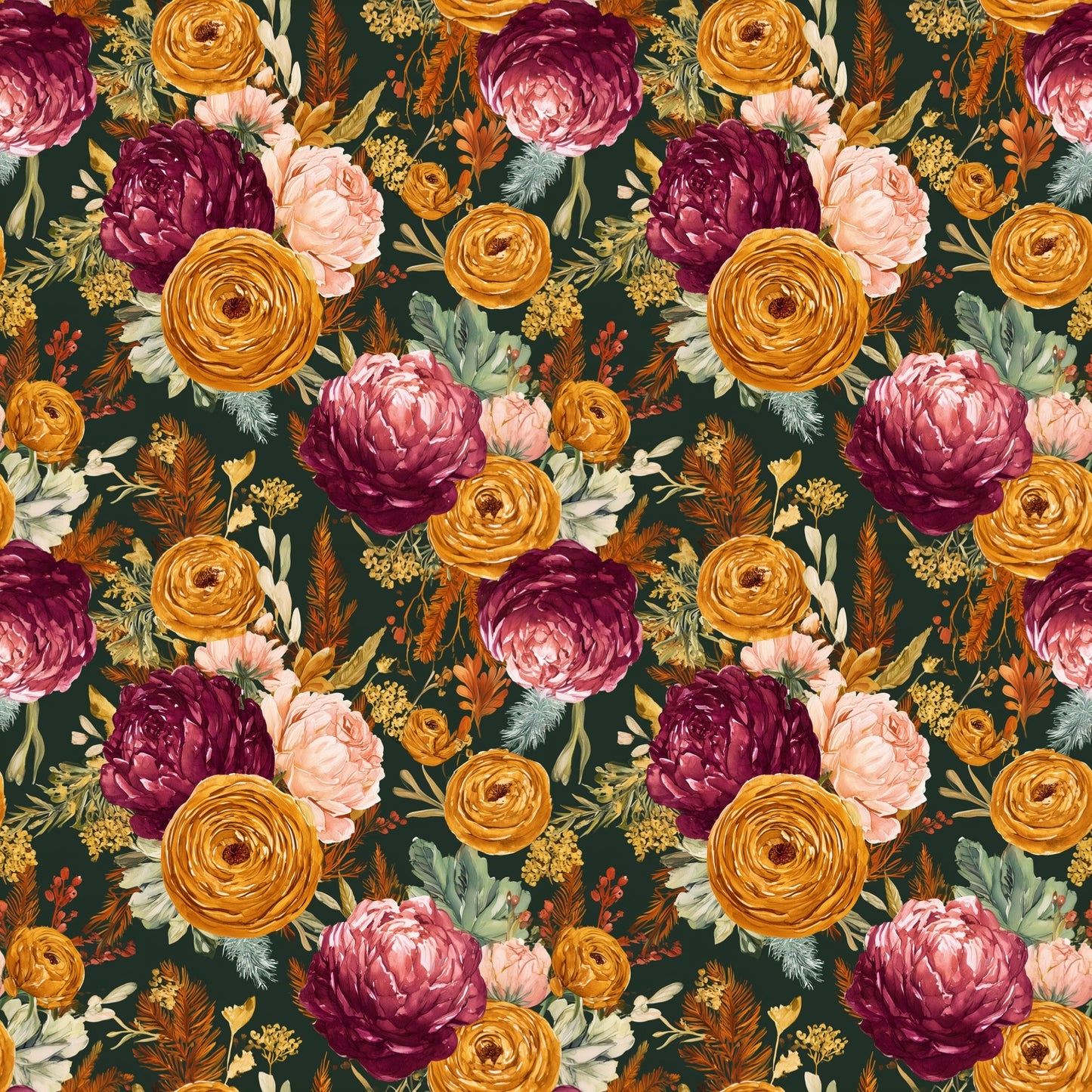 Rich Autumn Flowers Digital Seamless Pattern