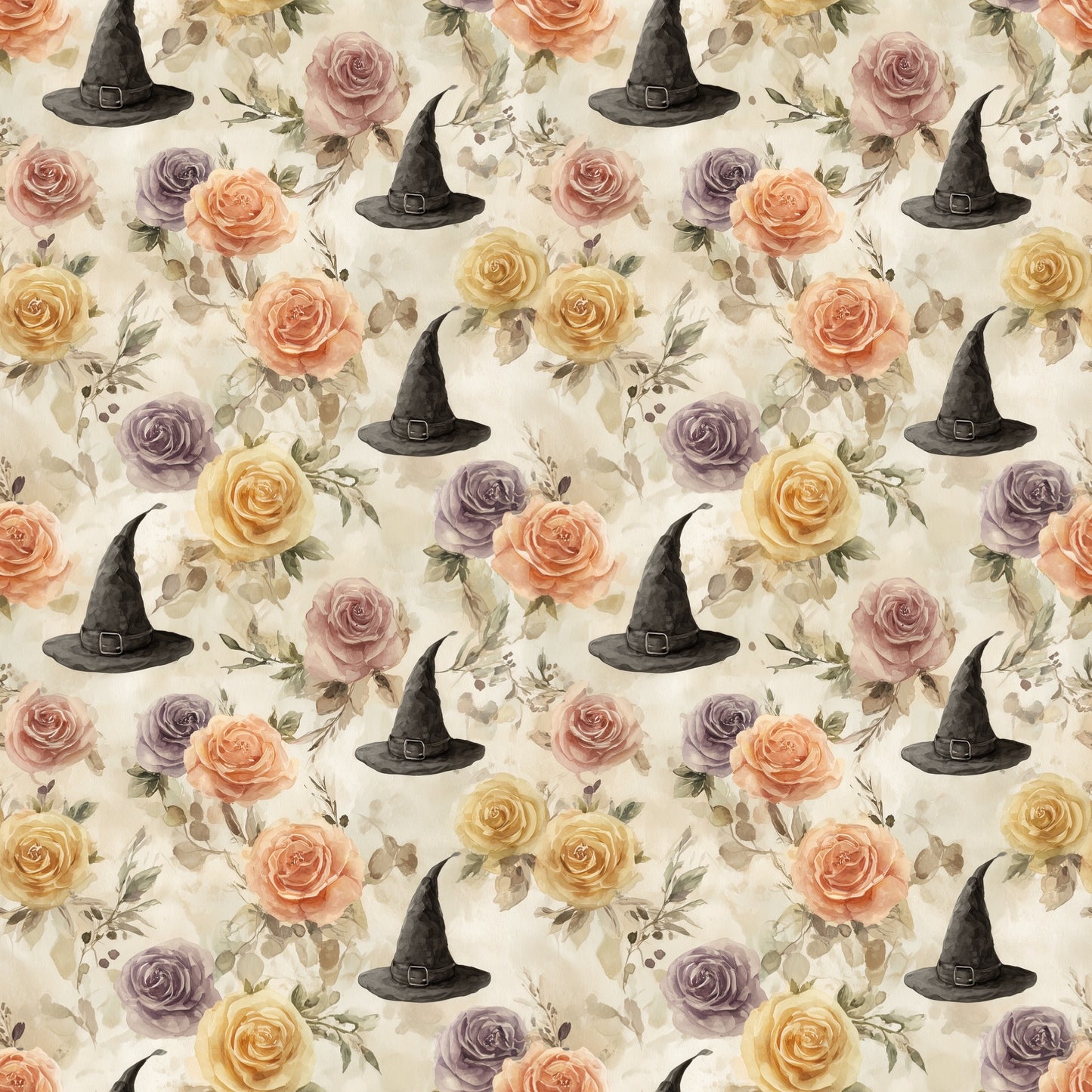 Floral Witch Hat Digital Seamless Pattern