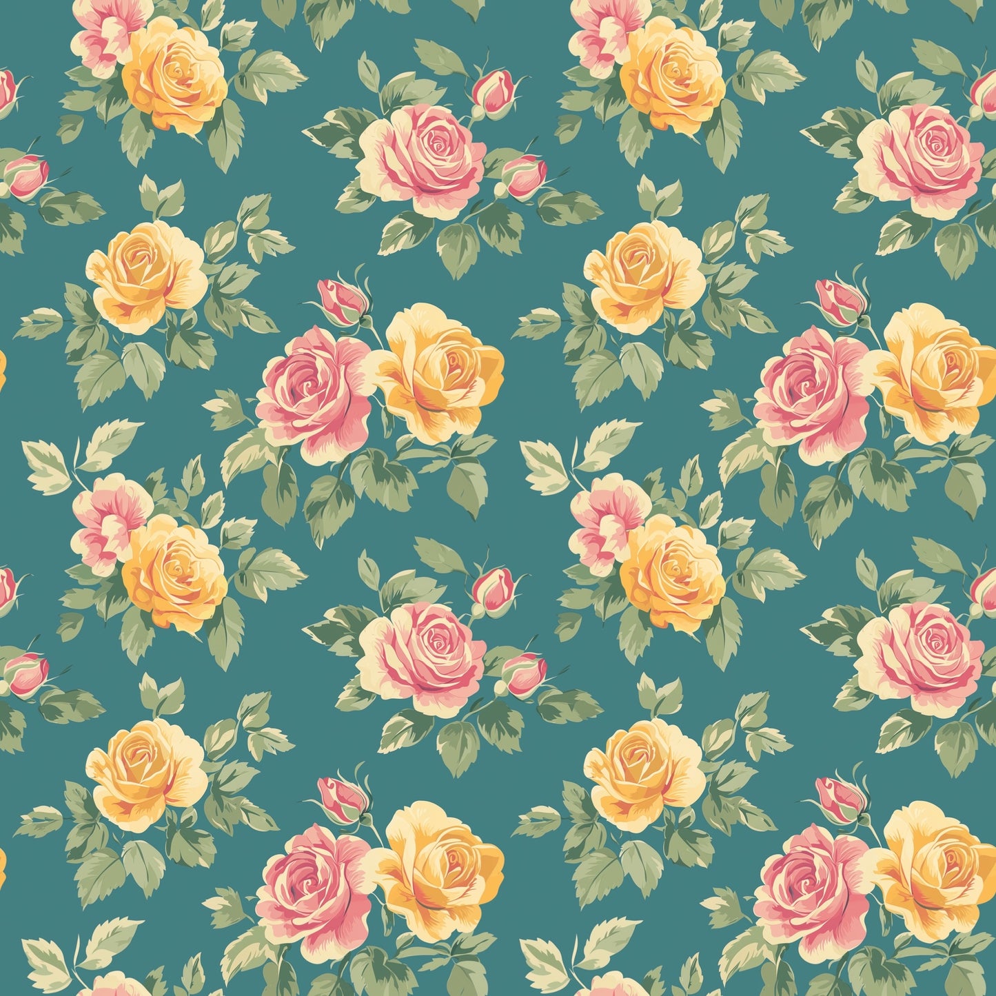 Roses on Teal Digital Seamless Pattern