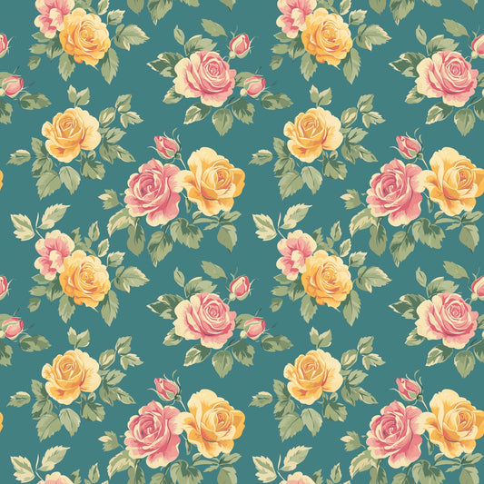 Roses on Teal Digital Seamless Pattern