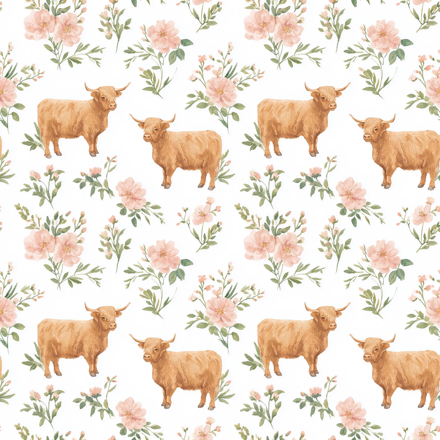 Rosey Highland Cows Digital Seamless Pattern