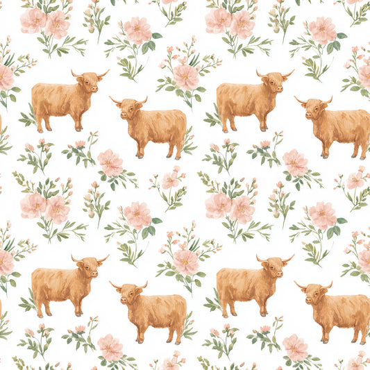 Rosey Highland Cows Digital Seamless Pattern