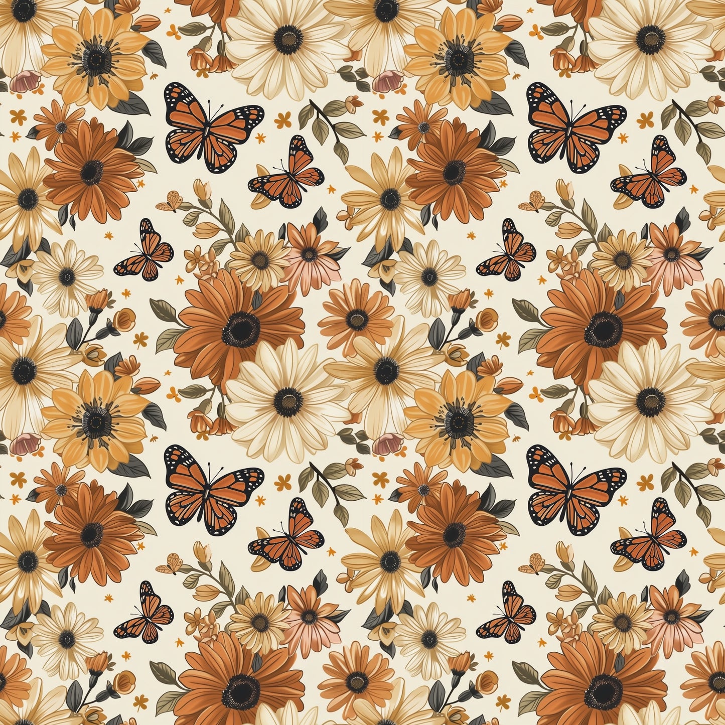 Rust Fall Butterflies & Flowers Digital Seamless Pattern