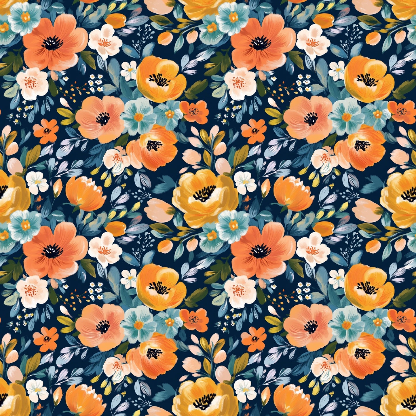 Rust Navy Floral Blooms Digital Seamless Pattern