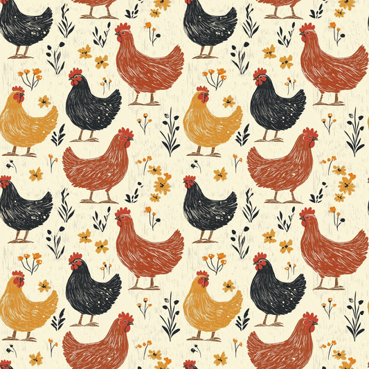 Rustic Chickens Digital Seamless Pattern