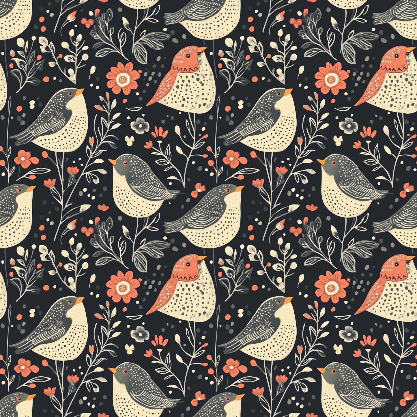 Rustic Folk Birds Digital Seamless Pattern