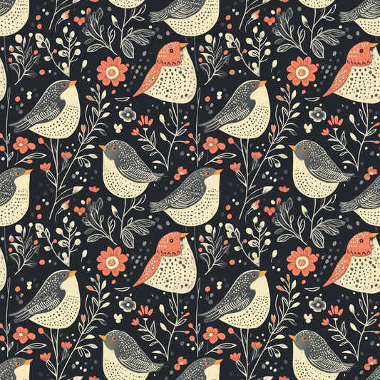 Rustic Folk Birds Digital Seamless Pattern