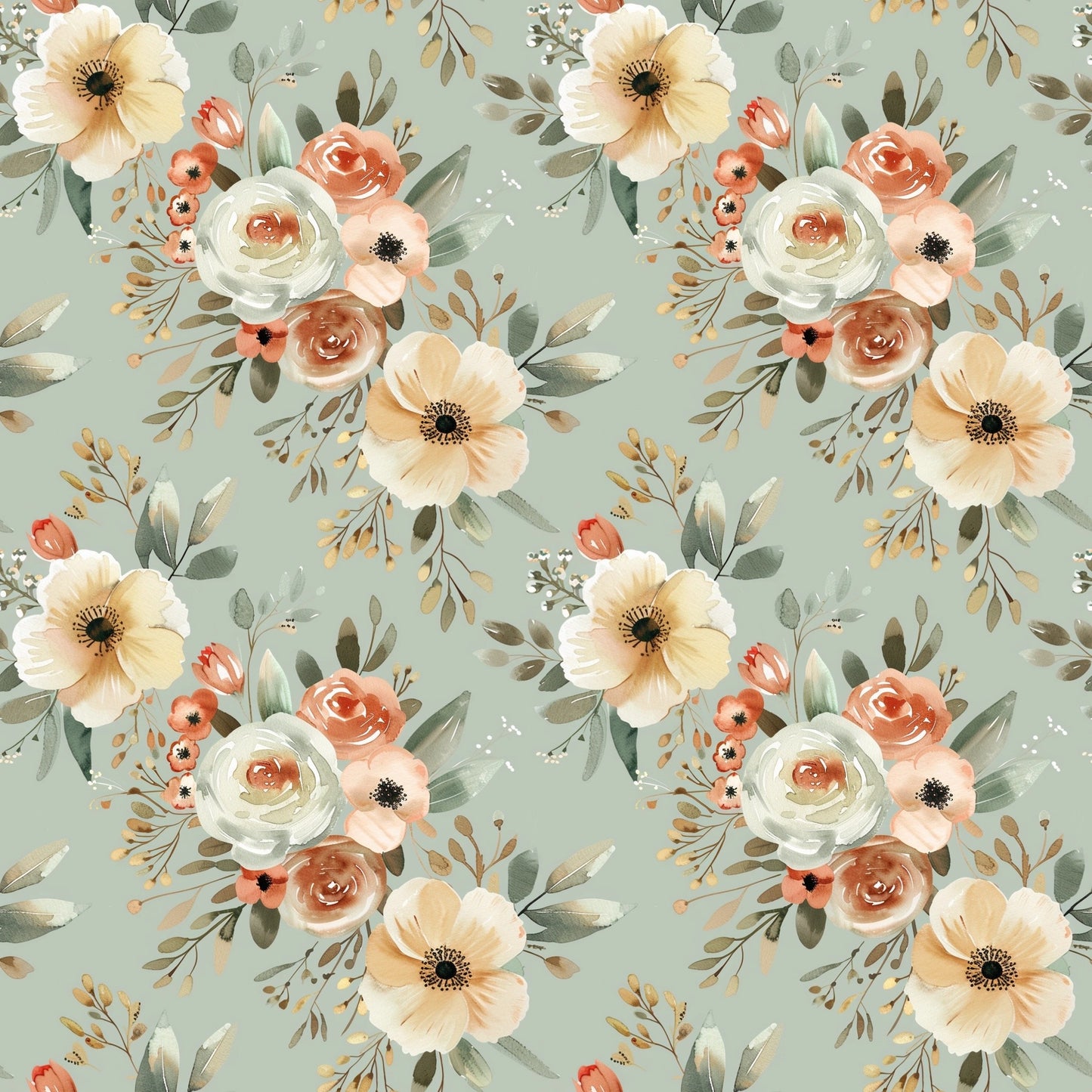 Sage Cream Floral Bouquet Digital Seamless Pattern