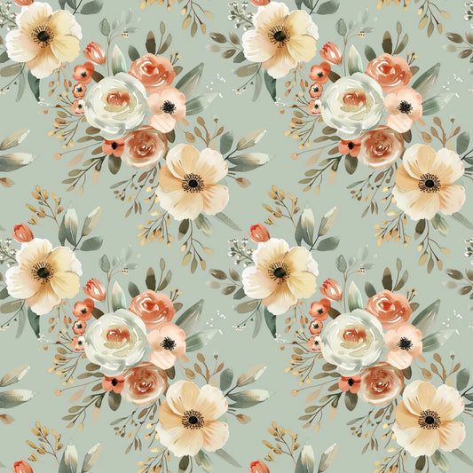 Sage Cream Floral Bouquet Digital Seamless Pattern