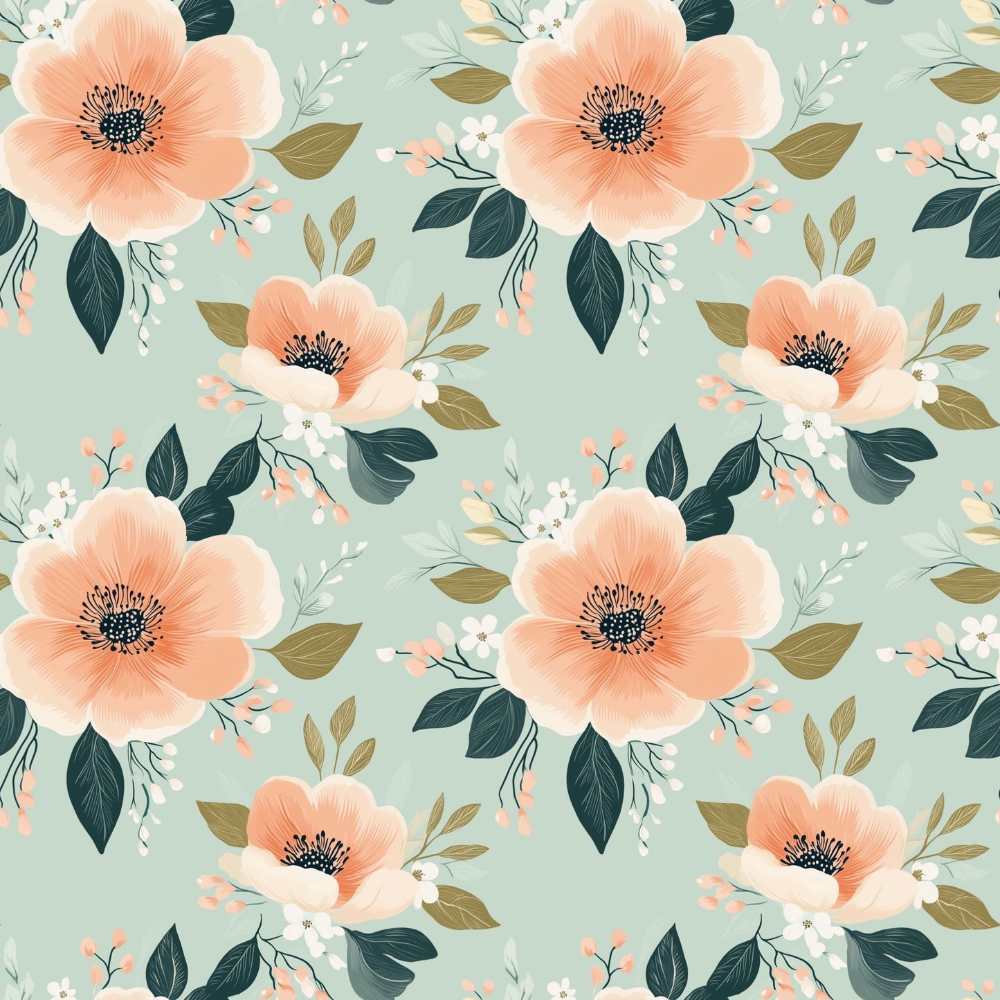 Sage Peach Blooms Digital Seamless Pattern