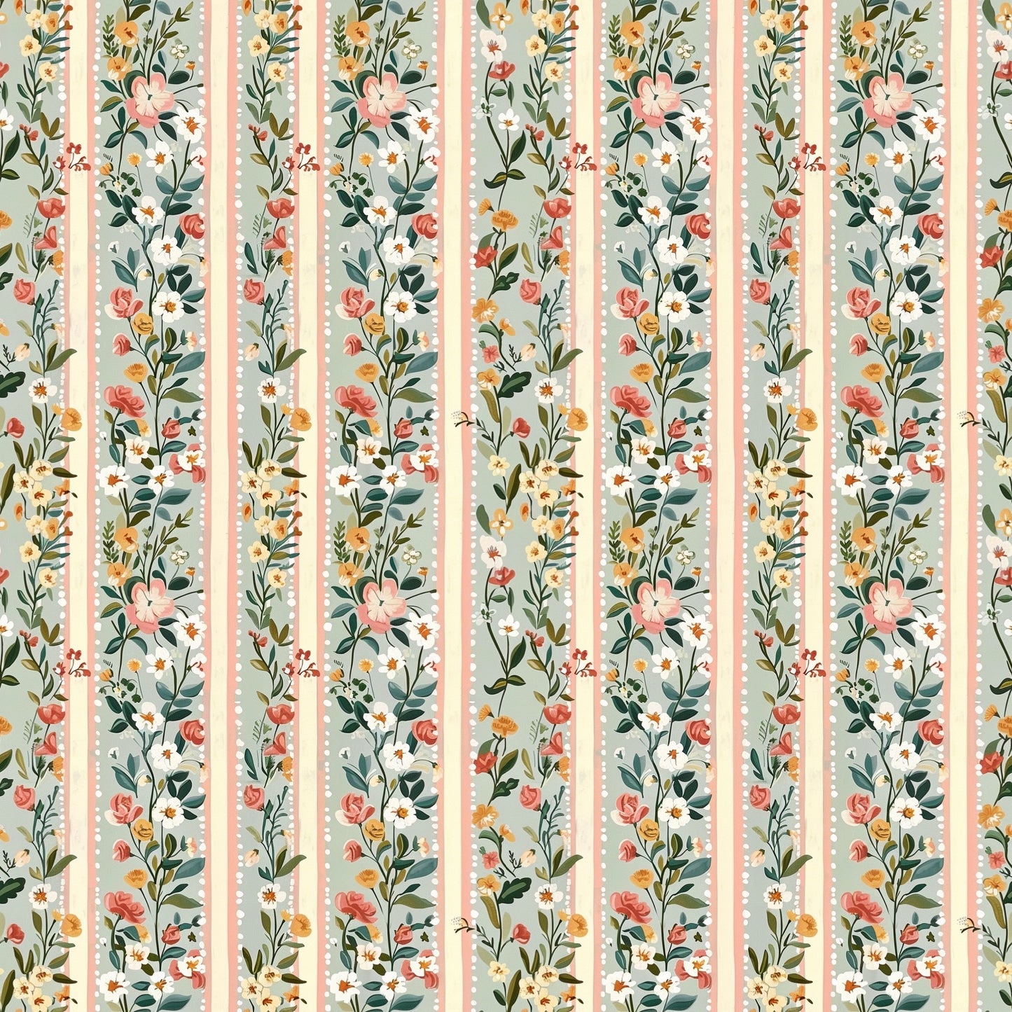 Sage Peach Floral Stripes Digital Seamless Pattern