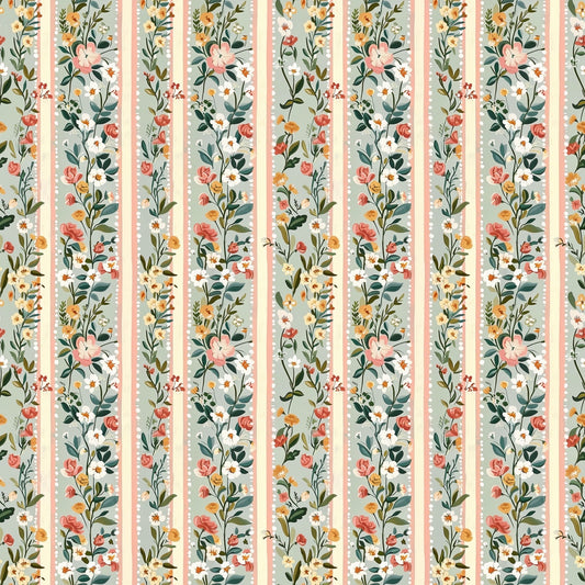 Sage Peach Floral Stripes Digital Seamless Pattern