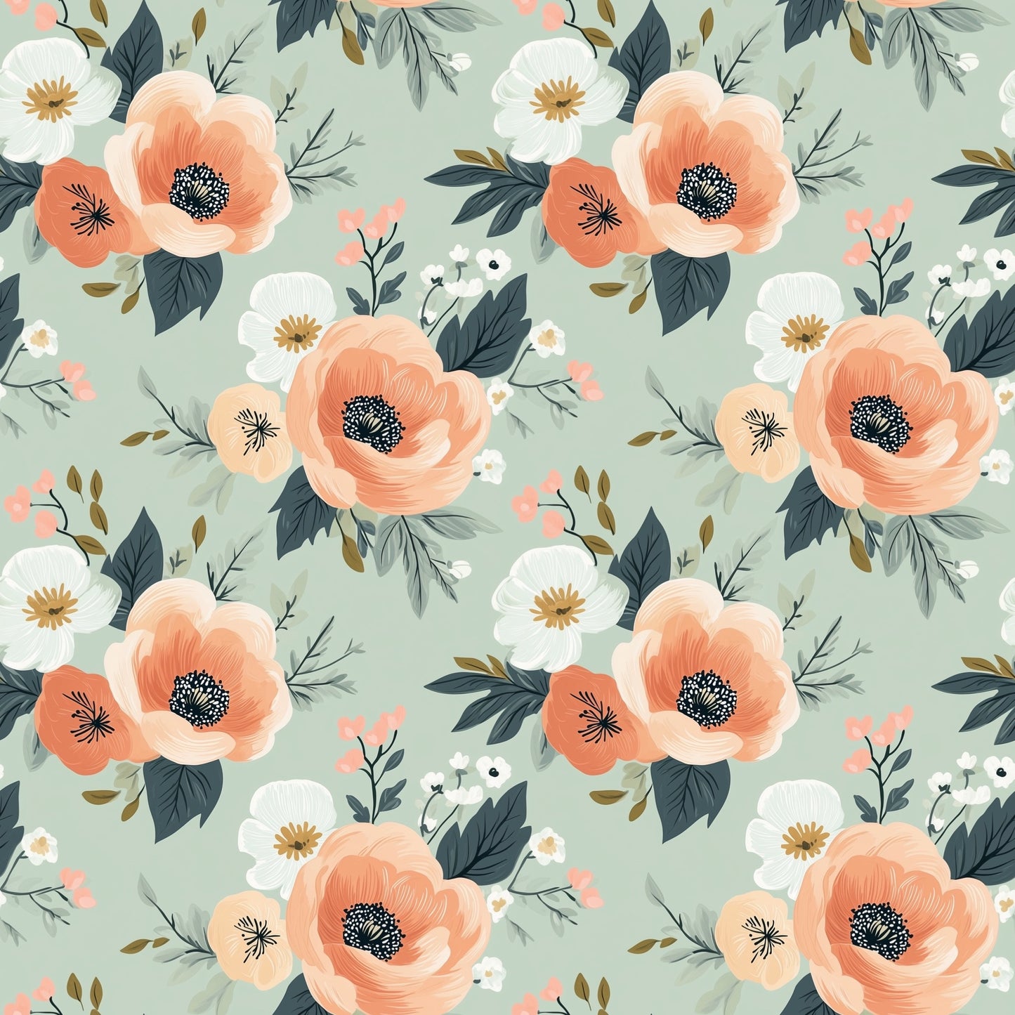 Sage Peach Floral Digital Seamless Pattern