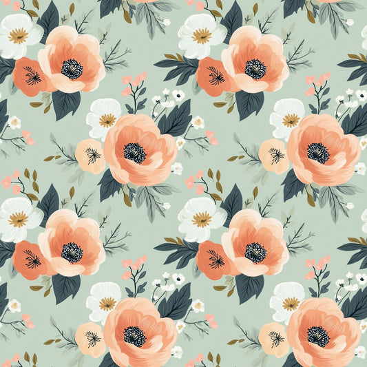 Sage Peach Floral Digital Seamless Pattern