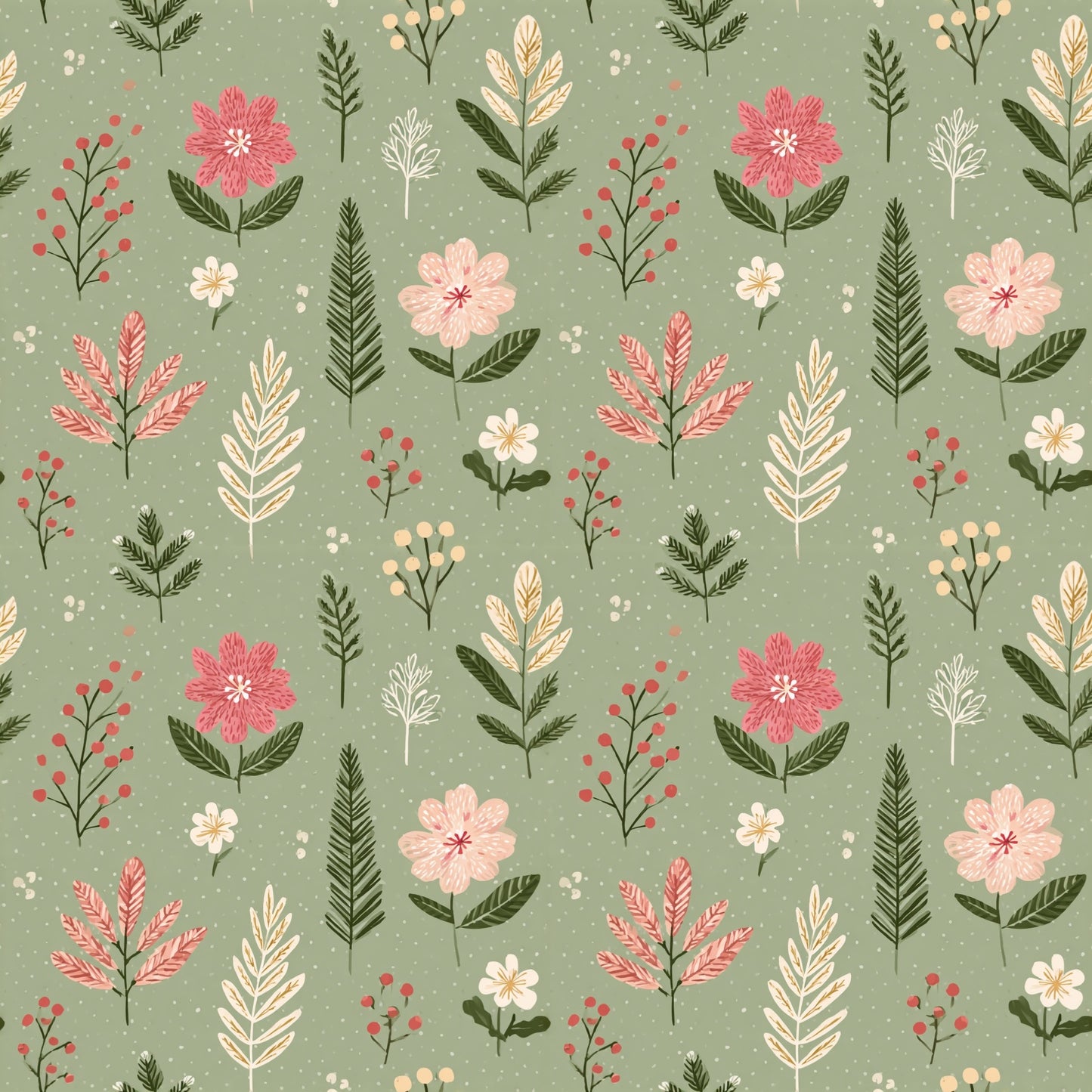 Sage Snowy Floral Digital Seamless Pattern