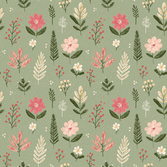 Sage Snowy Floral Digital Seamless Pattern