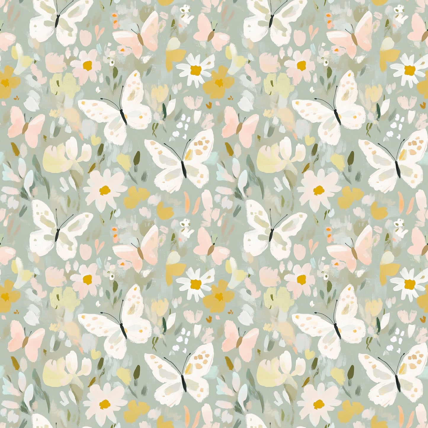 Sage Floral Butterflies Digital Seamless Pattern