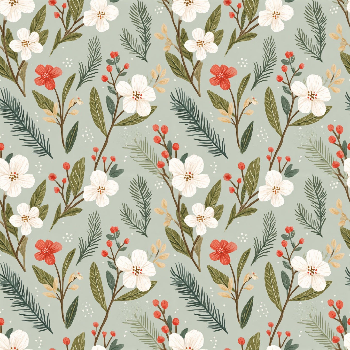 Simple Sage Christmas Flowers Digital Seamless Pattern