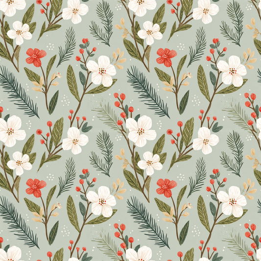 Simple Sage Christmas Flowers Digital Seamless Pattern