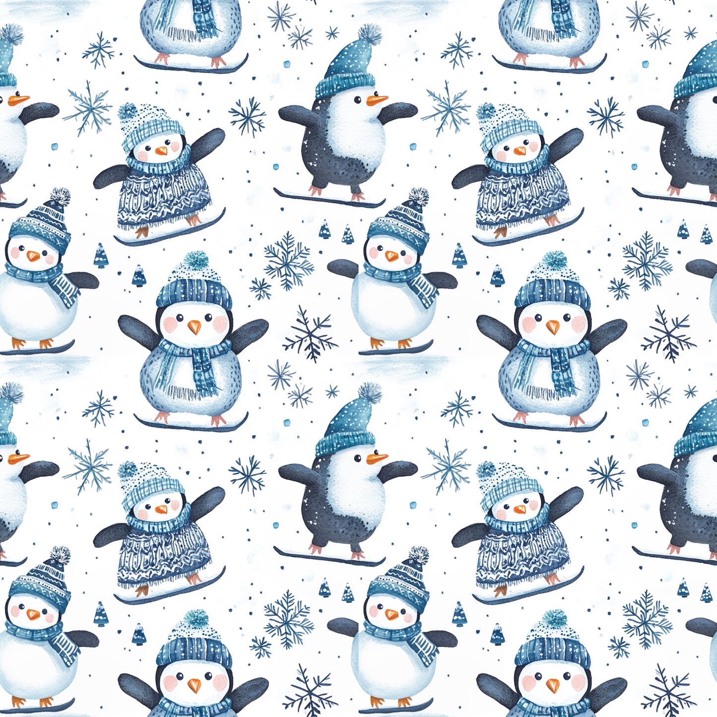 Skating Penguins Digital Seamless Pattern