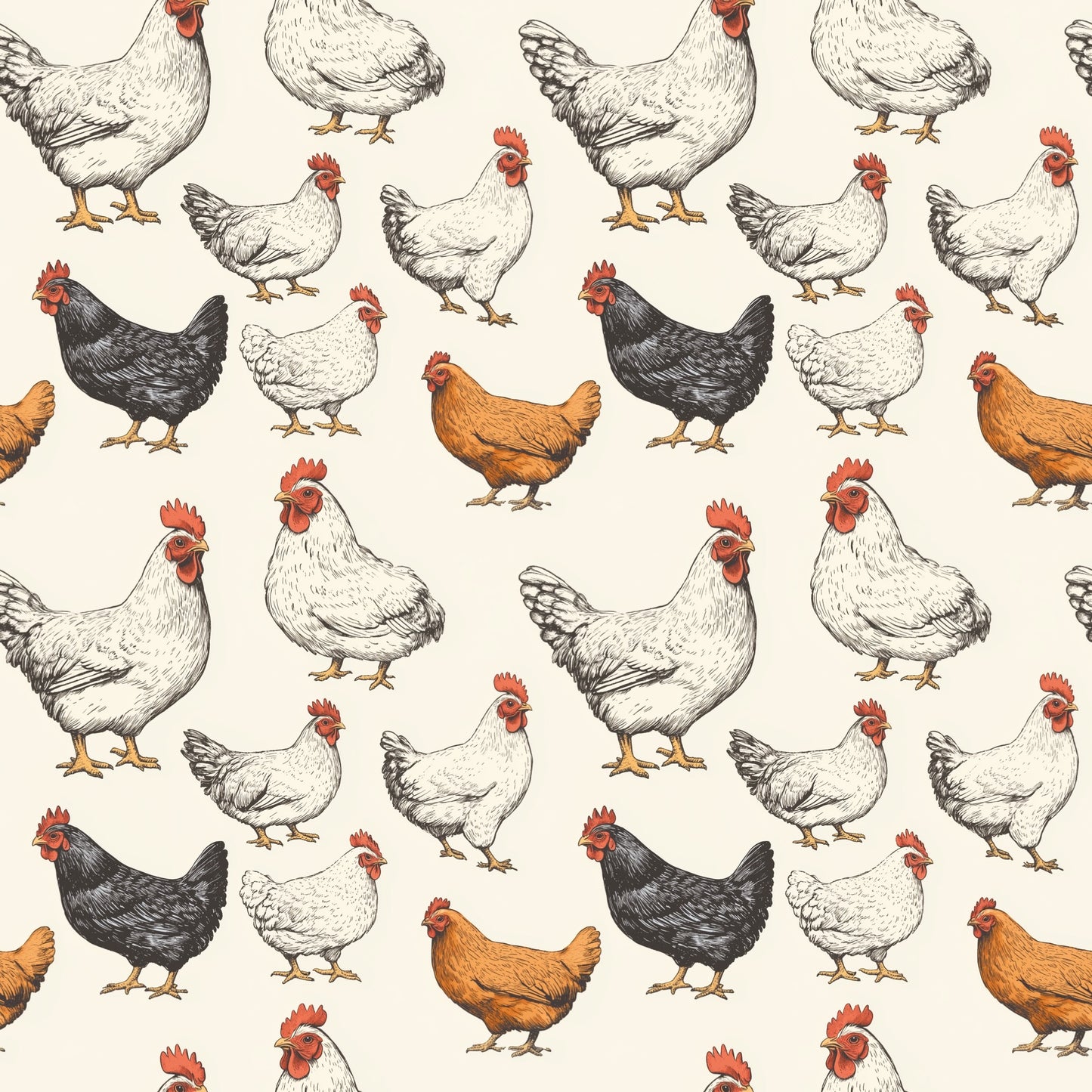 Sketch Chickens Digital Seamless Pattern