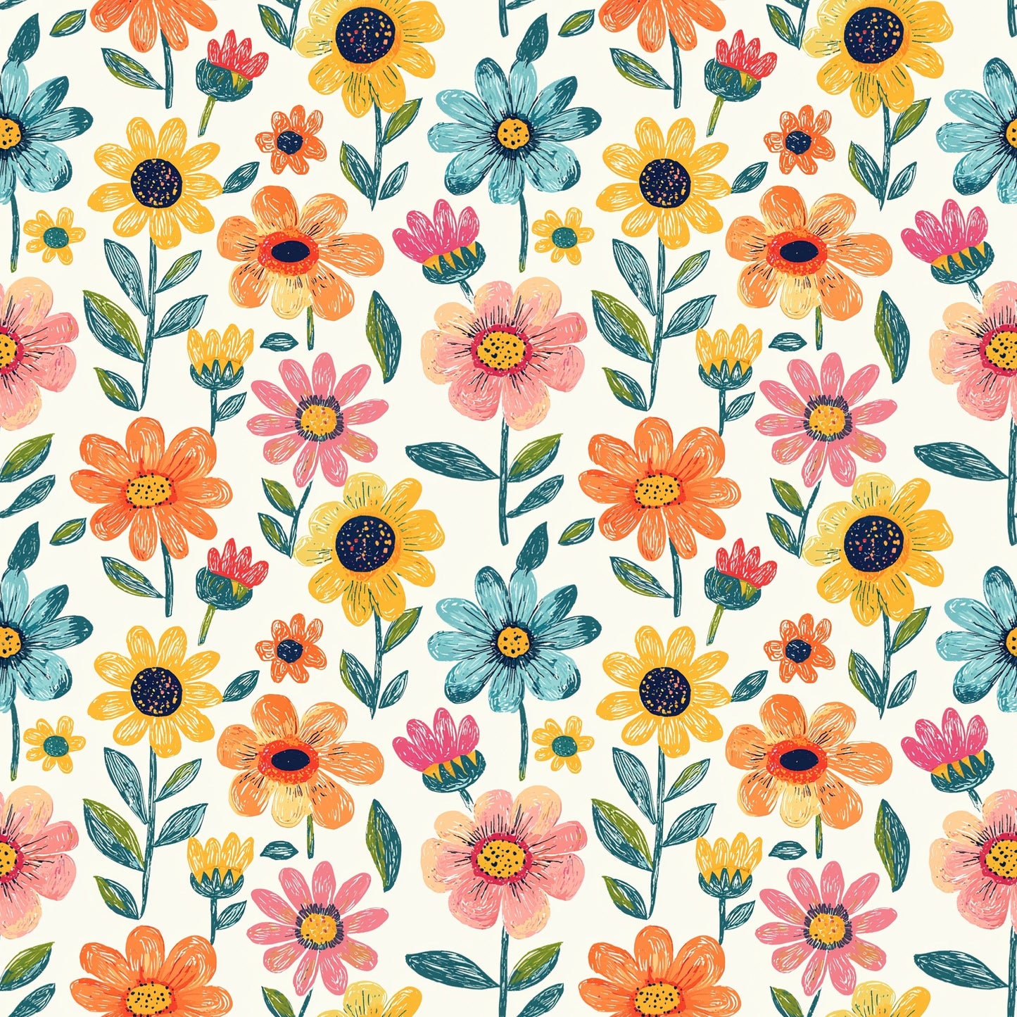 Sketched Flowers Digital Seamless Pattern