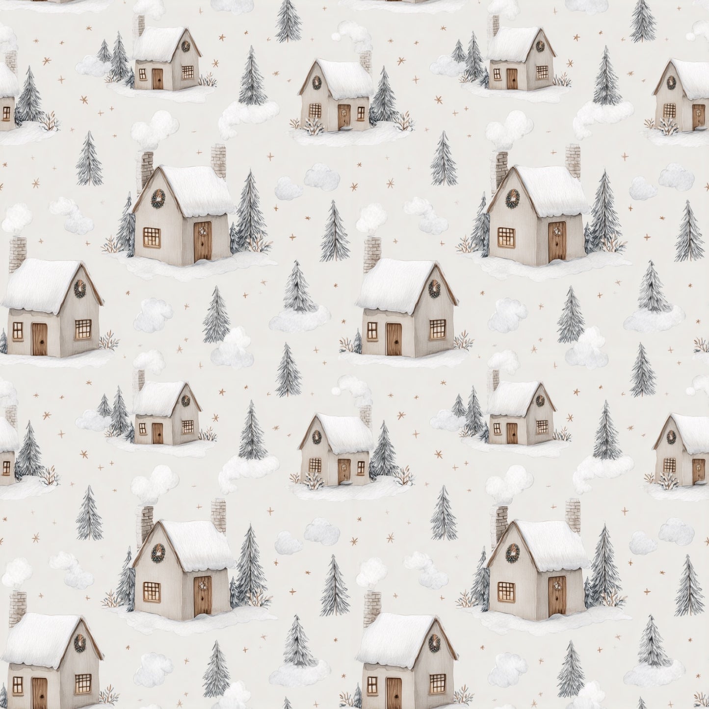 Snowy Winter Houses Digital Seamless Pattern
