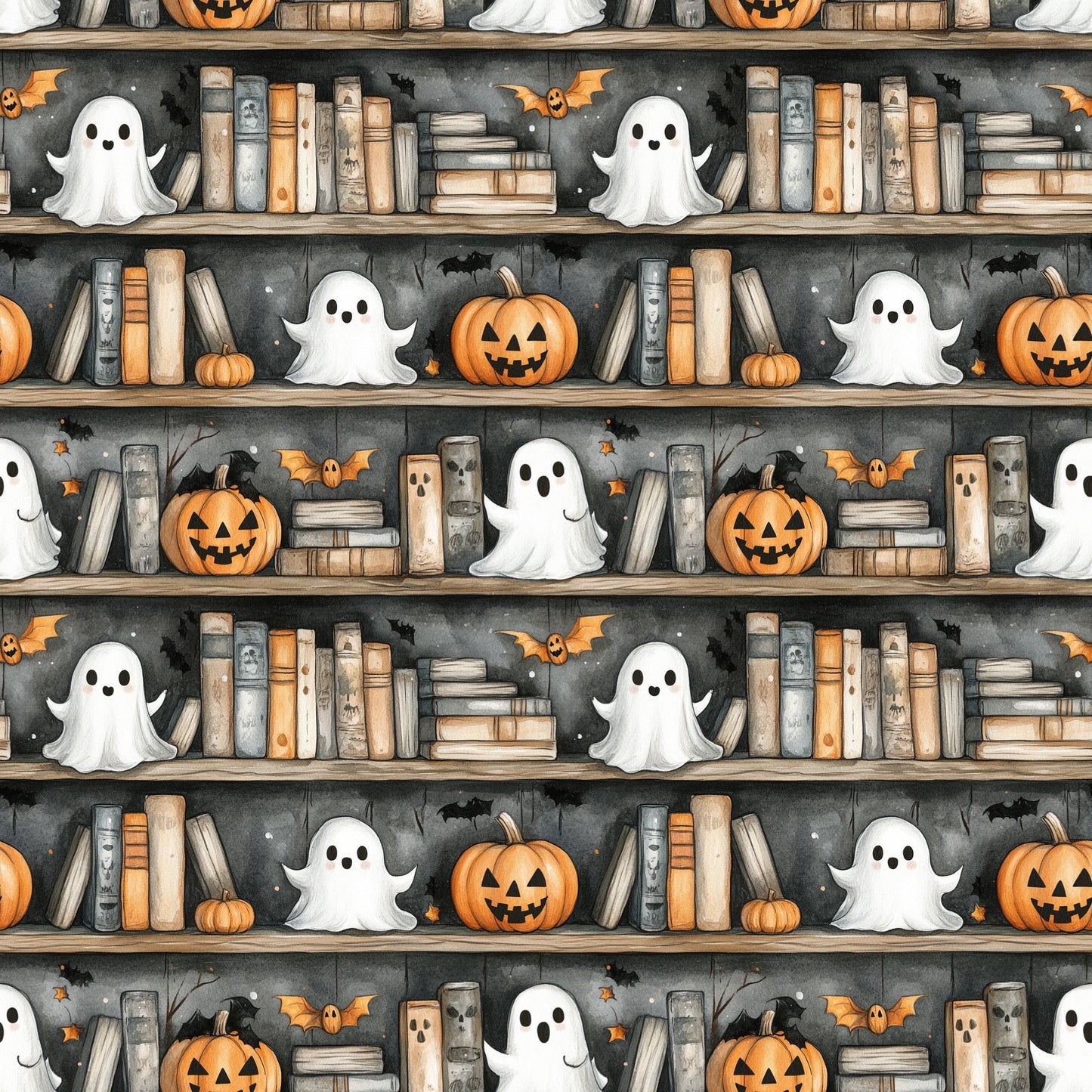 Spooky Bookshelves Digital Seamless Pattern