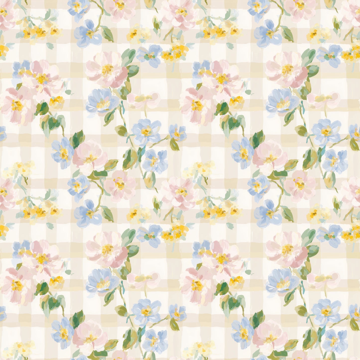 Spring Floral Gingham Digital Seamless Pattern