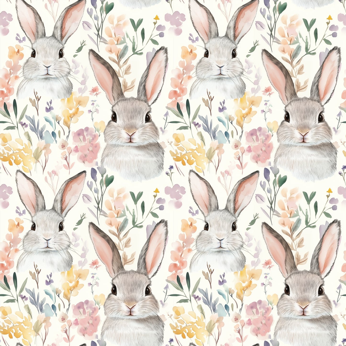 Spring Floral Rabbits Digital Seamless Pattern