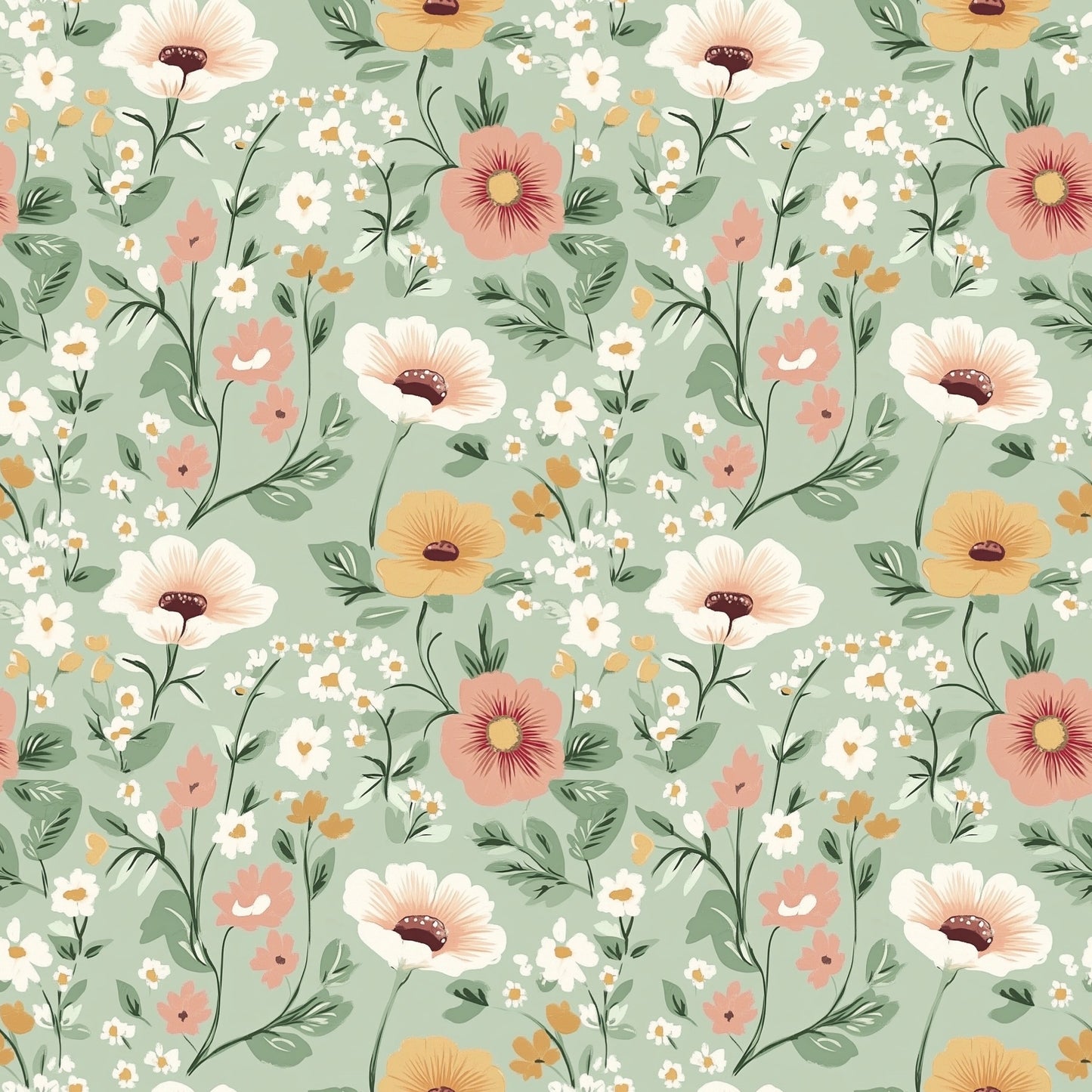 Spring Pink Green Floral Digital Seamless Pattern