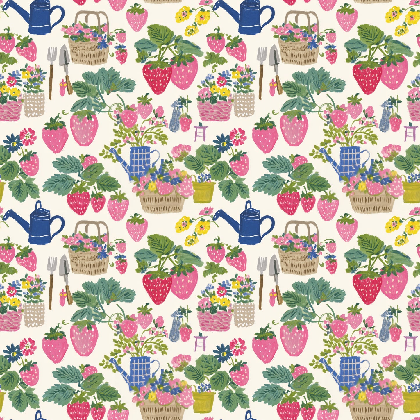 Preppy Strawberry Garden Digital Seamless Pattern