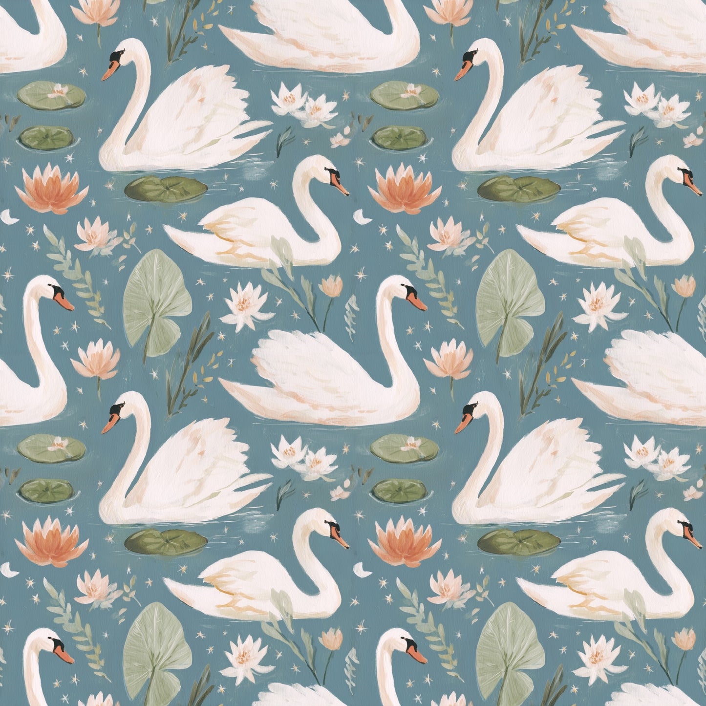 Swans and Waterlilies Digital Seamless Pattern