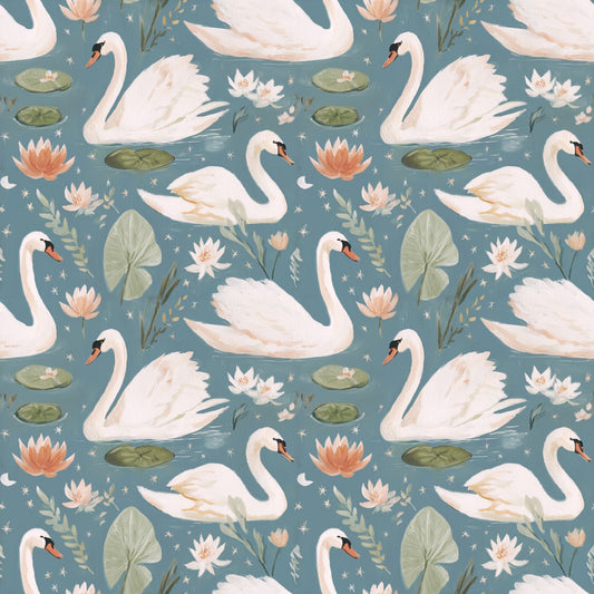 Swans and Waterlilies Digital Seamless Pattern