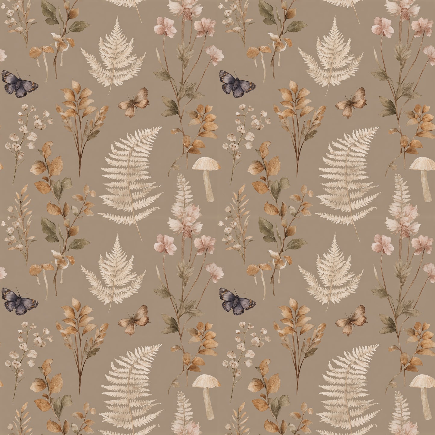 Taupe Mushrooms & Leaves Digital Seamless Pattern