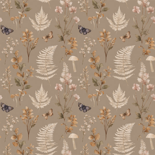 Taupe Mushrooms & Leaves Digital Seamless Pattern
