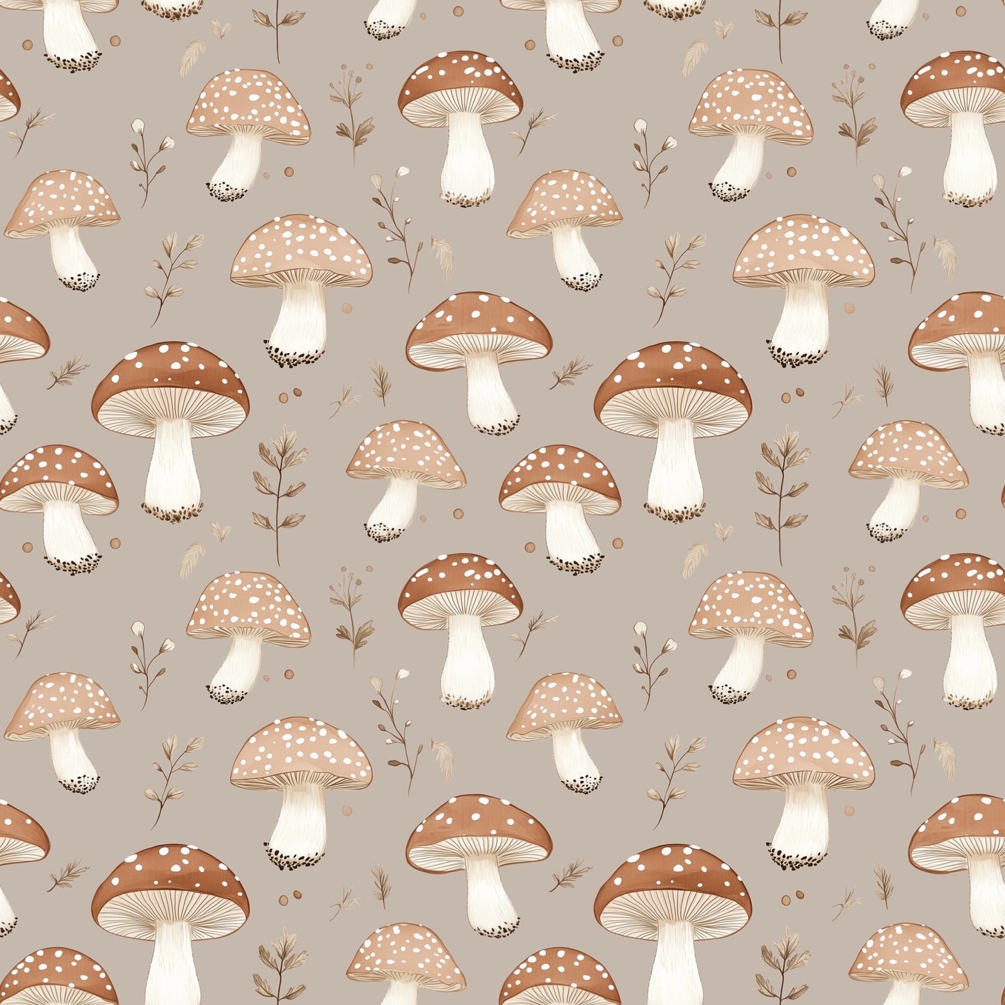 Taupe Mushrooms Digital Seamless Pattern
