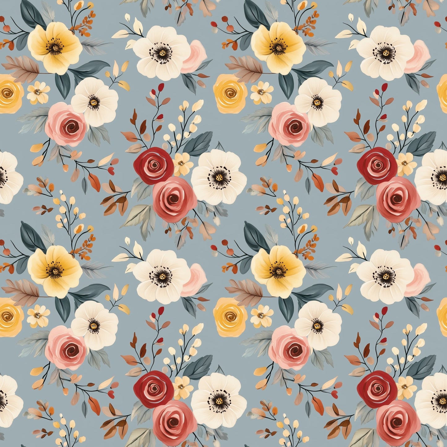 Teal Blue Beige Ditsy Floral Digital Seamless Pattern
