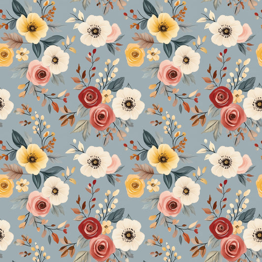 Teal Blue Beige Ditsy Floral Digital Seamless Pattern