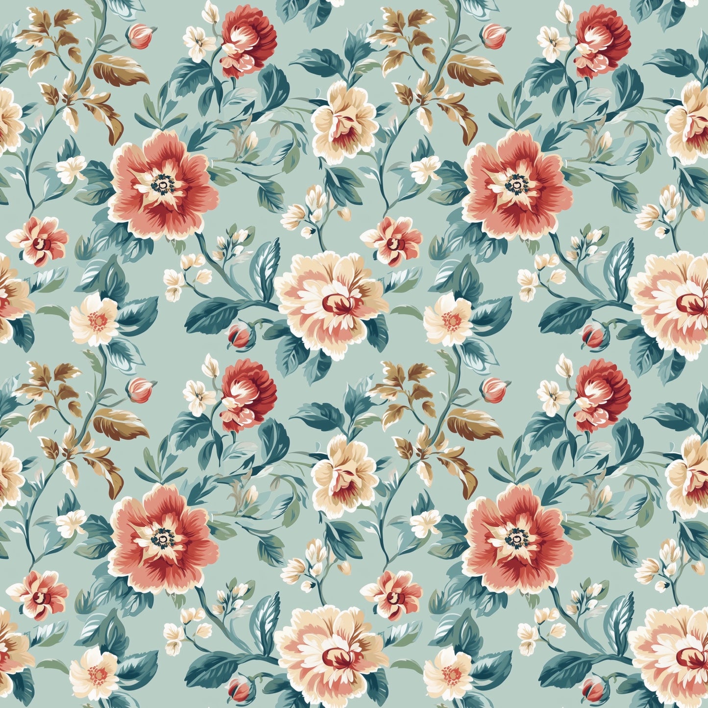 Teal Vintage Floral Digital Seamless Pattern