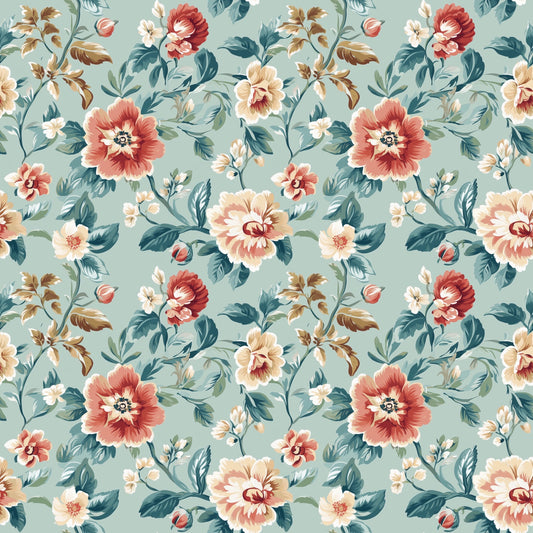 Teal Vintage Floral Digital Seamless Pattern