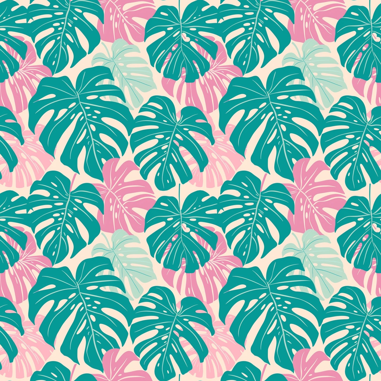 Pink Teal Monstera Leaves Digital Seamless Pattern