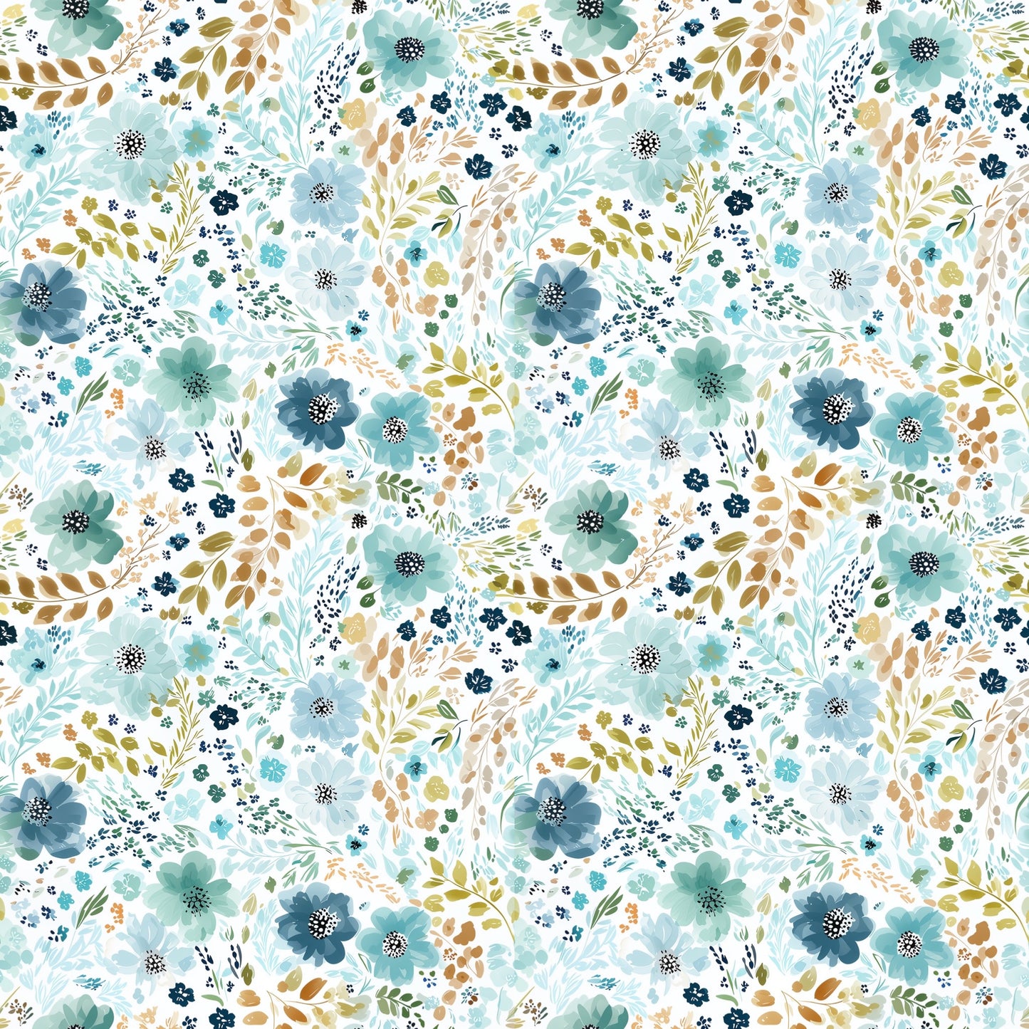 Turquoise Blue Ditsy Floral Digital Seamless Pattern